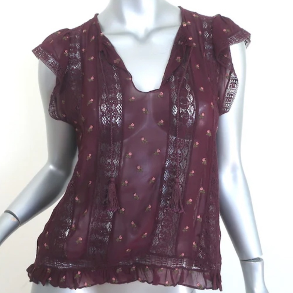 Ulla Johnson Magdalena Bordeaux  Floral Embroidered Burgundy Georgette  Blouse